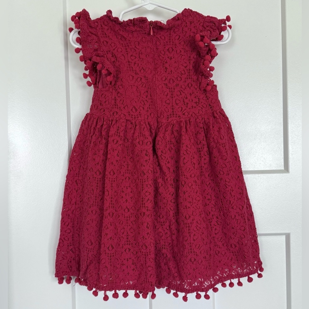 Deep Red Lace Dress with Pom Trim – Toddler 120 (Approx. 4–5T) - Picture 2 of 3